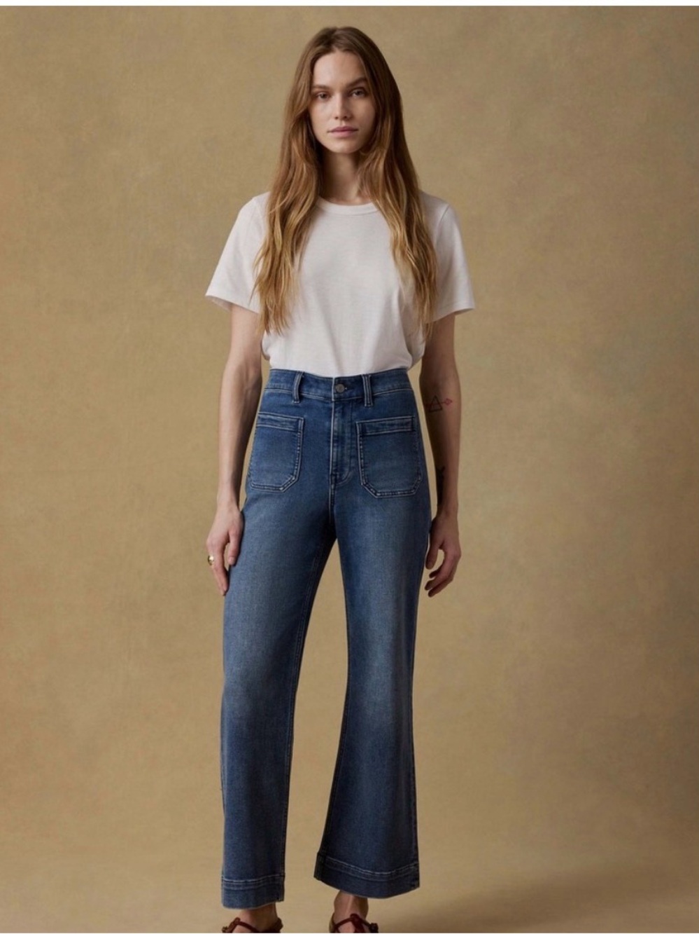 Faherty Terry Stretch Patch Pocket Pants Womens 30 Blue Jeans High Rise Flare